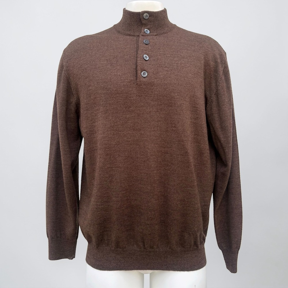 VTG Paul Fredrick Merino Wool Sweater L Brown Mock Neck Button Pullover Preppy
